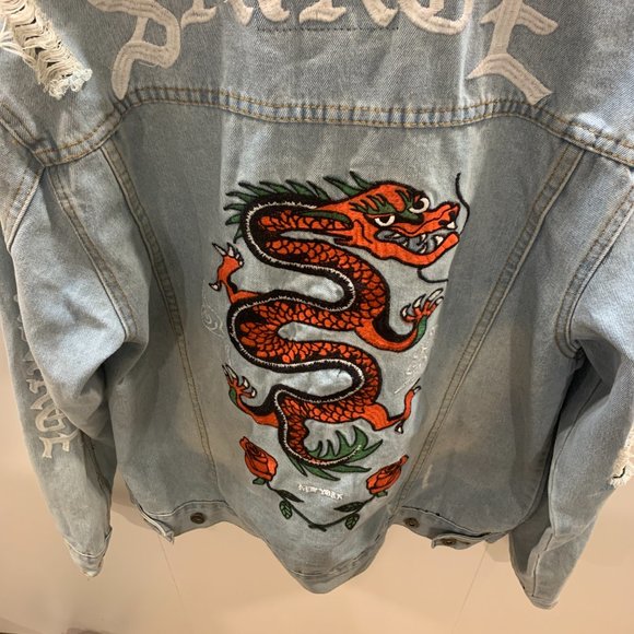 BROOKLYN Cloth Co. Lightwash Distressed Denim Jacket Size L Roses & Dragons - Picture 3 of 9